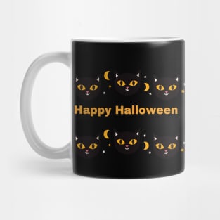 Happy Halloween, Orange and Black cat eyes with white triangle ears and half moons Mug